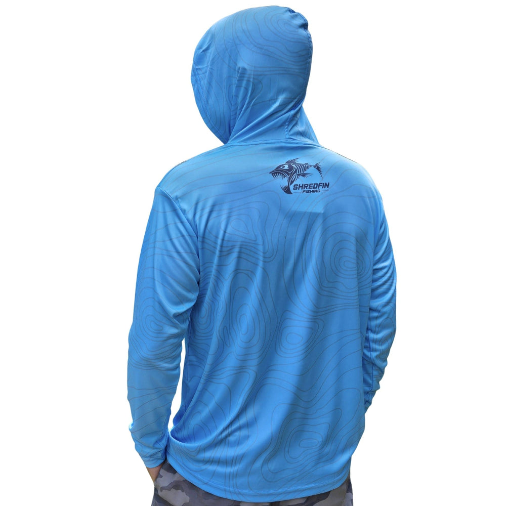 ShredFin Contourz hooded performance shirt in marine blue, featuring a sleek fit and athletic design for active wear.