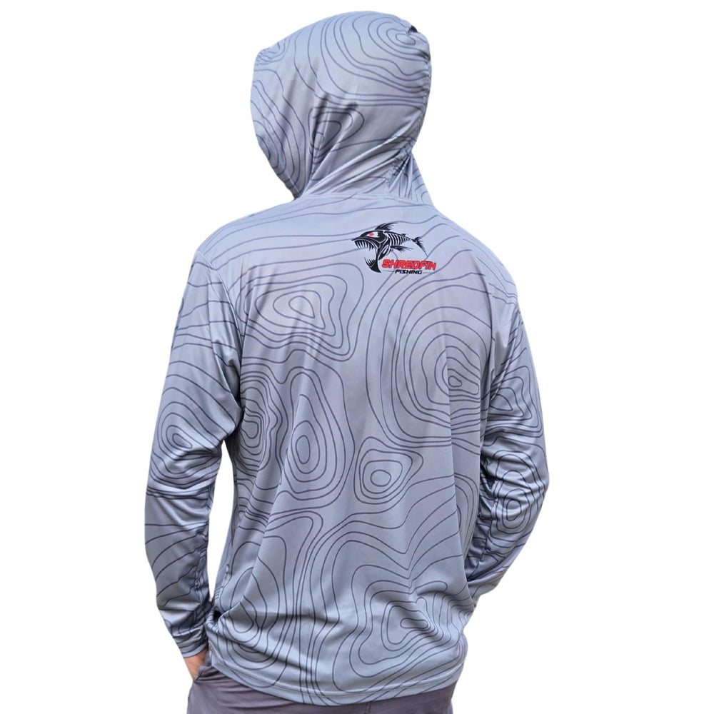 ShredFin Contourz Hooded Performance Shirt in Tungsten Gray, close-up view showing lightweight fabric and hood design.