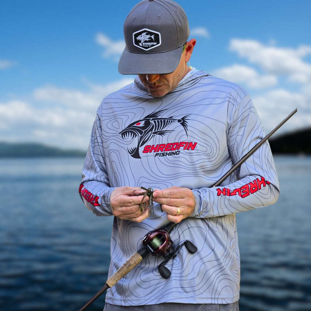 ShredFin Contourz Hooded Performance Shirt in Tungsten Gray, featuring a fitted design and hood, ideal for active wear.