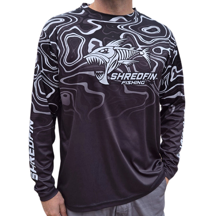 ShredFin Contourz Performance Shirt in Platinum River Fade with a sleek design, lightweight fabric, and athletic fit.