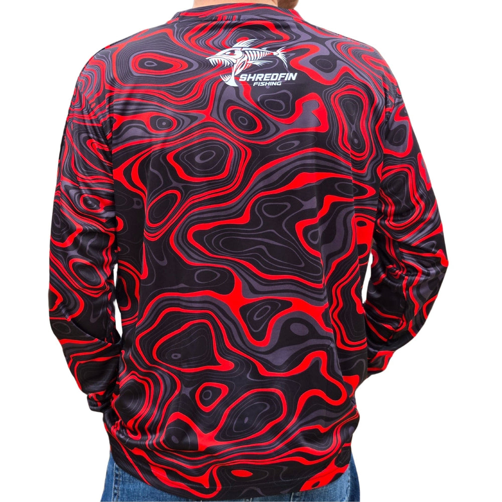 ShredFin Contourz Performance Shirt in red, featuring a fitted design and moisture-wicking fabric for active wear.