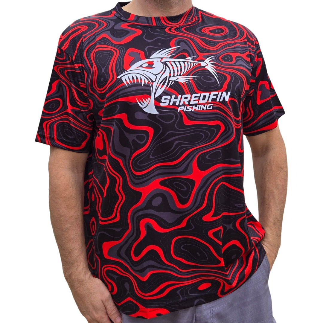 ShredFin Contourz short sleeve performance shirt in red River, lightweight fabric with athletic fit and moisture-wicking features.