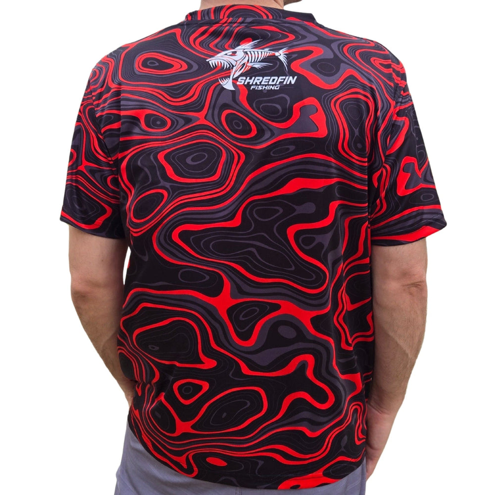 ShredFin Contourz short sleeve performance shirt in red River color, featuring athletic fit and moisture-wicking fabric.