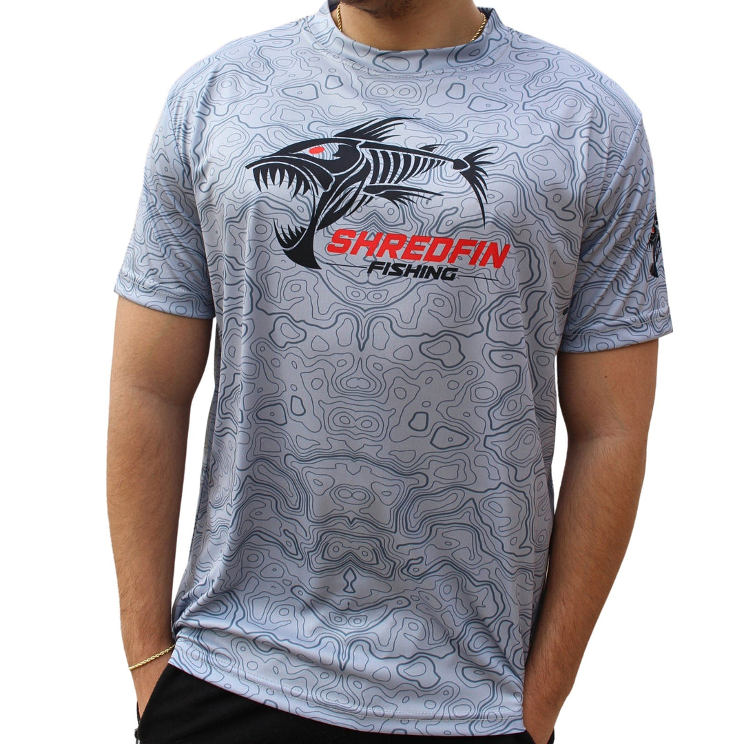 ShredFin Contourz short sleeve performance shirt in tungsten gray, made from lightweight, breathable fabric for active wear.