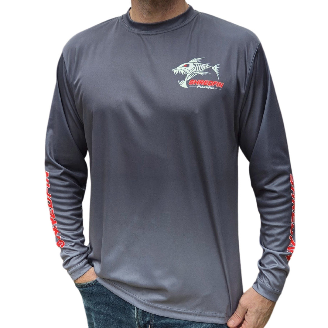 ShredFin Performance Shirt in Tungsten Gray Fade, close-up view showing lightweight fabric and athletic fit.