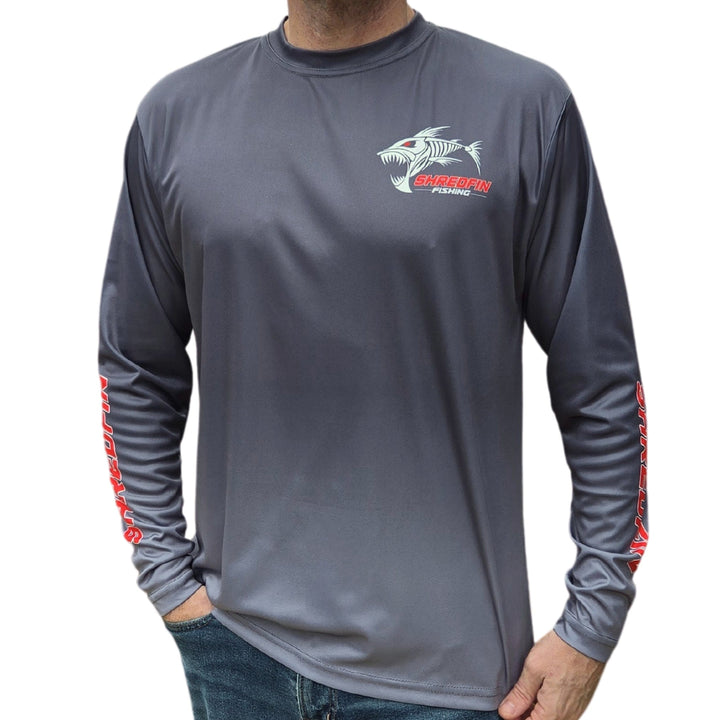 ShredFin Performance Shirt in Tungsten Gray Fade, close-up view showing lightweight fabric and athletic fit.