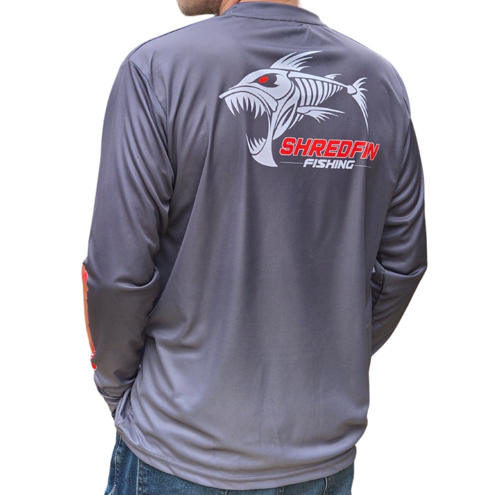 ShredFin Performance Shirt in Tungsten Gray Fade, made from lightweight, breathable fabric, shown on a hanger.