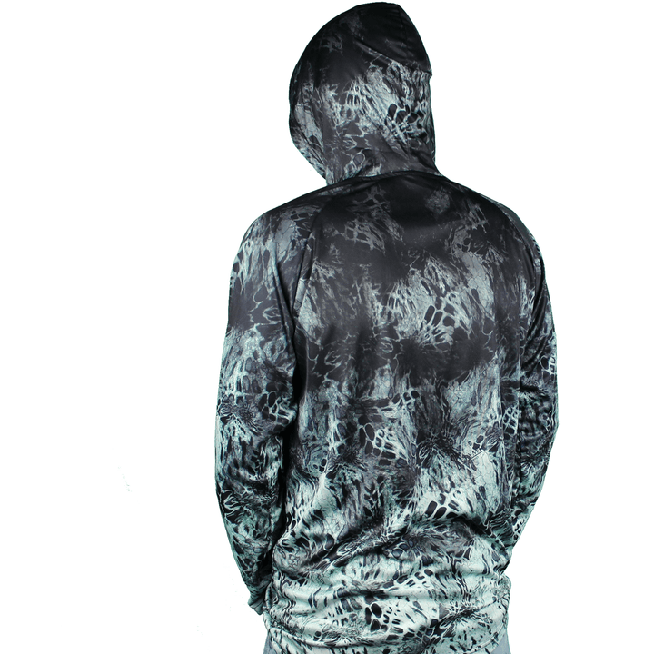 Back view of ShredFin Prym1 Camo Hooded Performance Shirt in Typhoon with camouflage pattern and hood, designed for active wear.