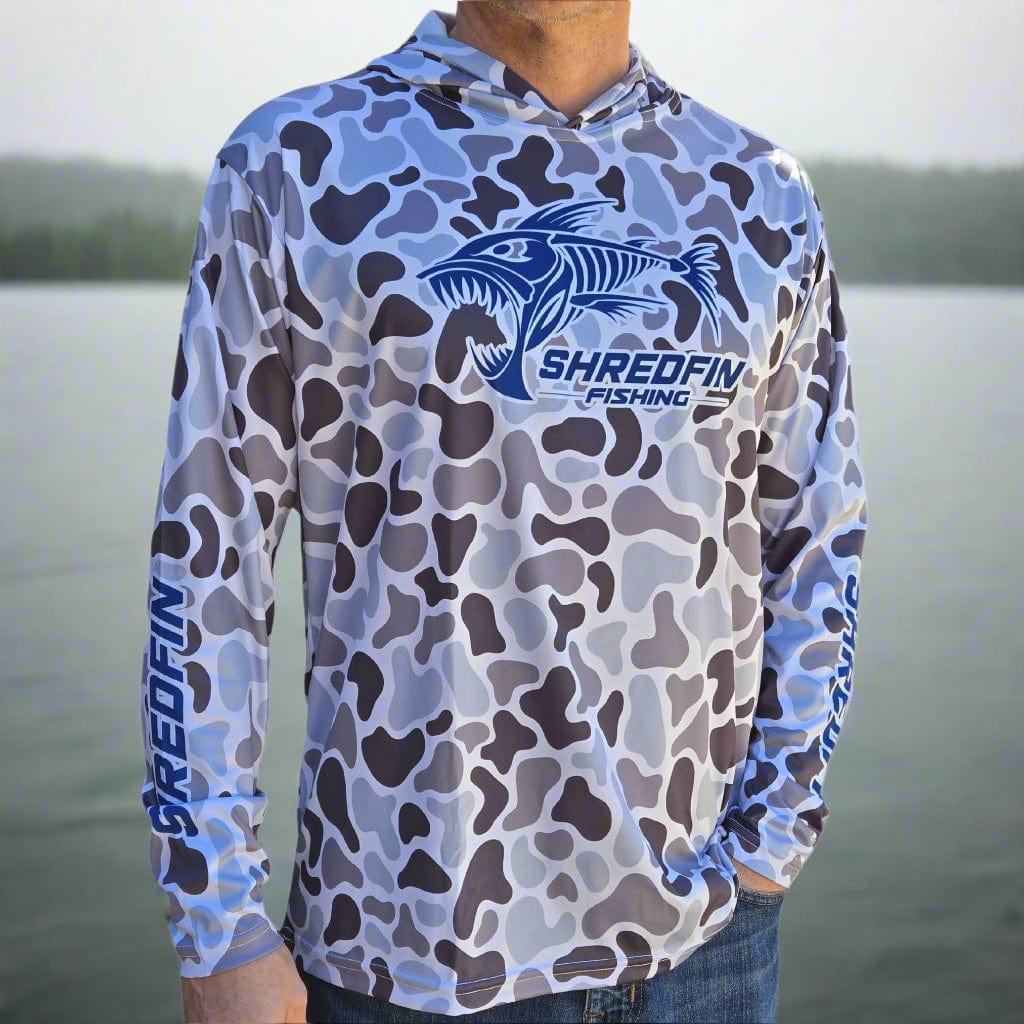 ShredFin Retro Camo Hooded Performance Shirt in overcast color, featuring a camo pattern and hood, designed for active wear.
