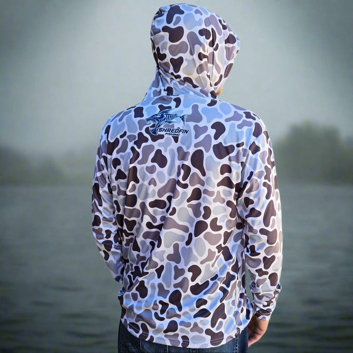 ShredFin Retro Camo Hooded Performance Shirt in overcast color, featuring a camouflage pattern and comfortable hood design.