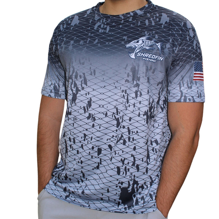 ShredFin Splash Camo Freedom short sleeve performance shirt in tungsten gray fade, featuring a sleek camo design and athletic fit.