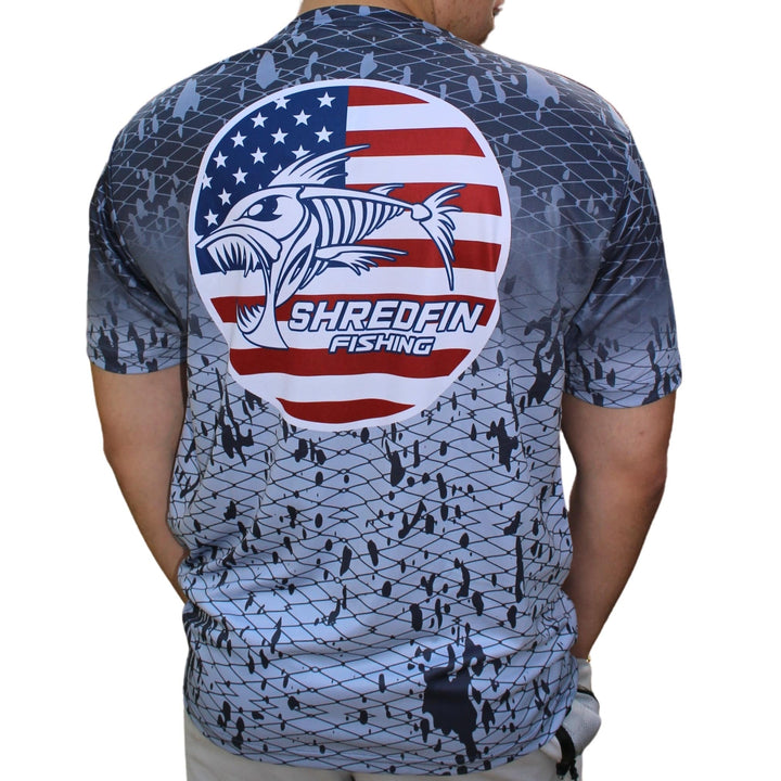 ShredFin Splash Camo Freedom short sleeve performance shirt in Tungsten Gray Fade with a camo design and athletic fit.