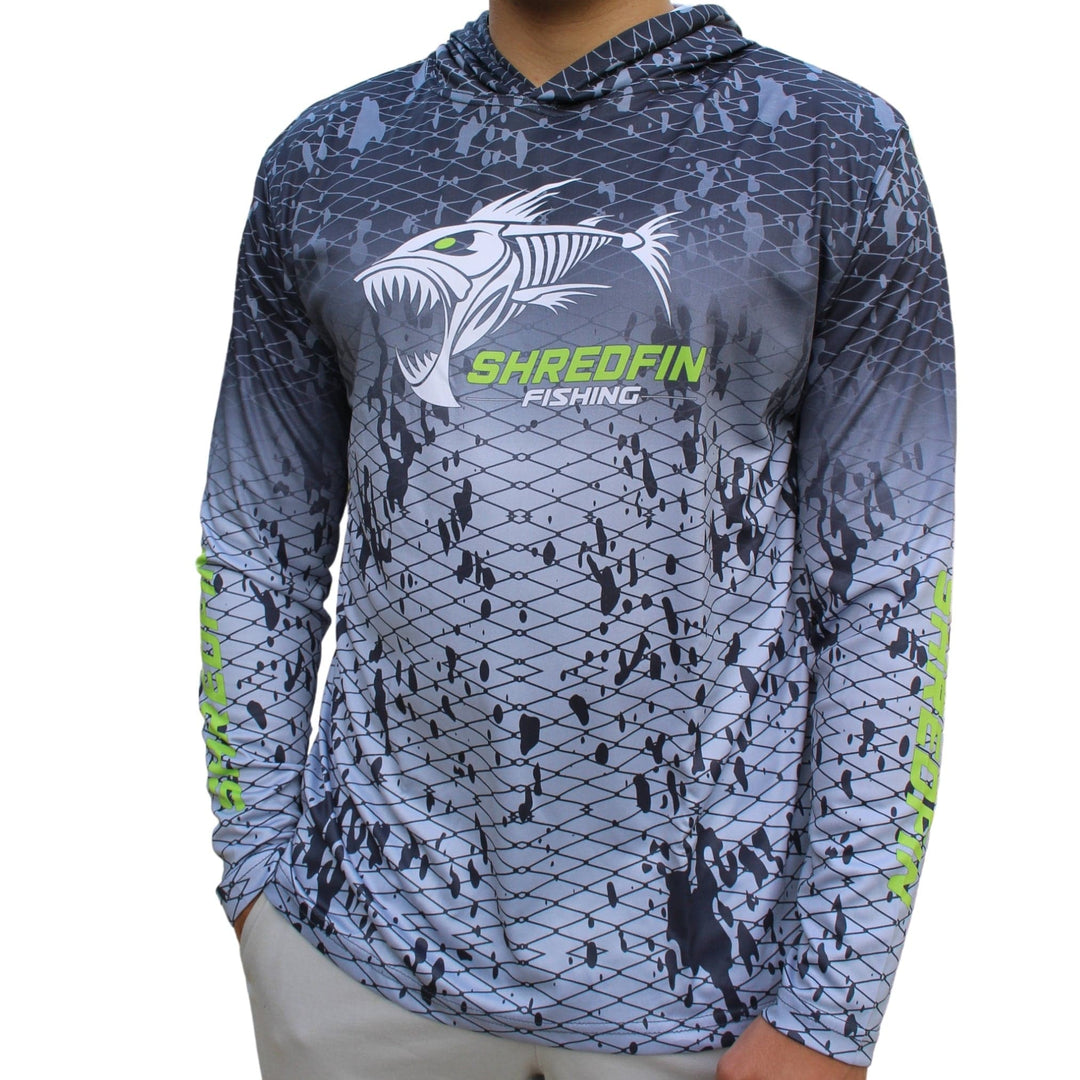 ShredFin Splash Camo Hooded Performance Shirt in Tungsten Gray Fade, featuring lightweight fabric and camouflage pattern.