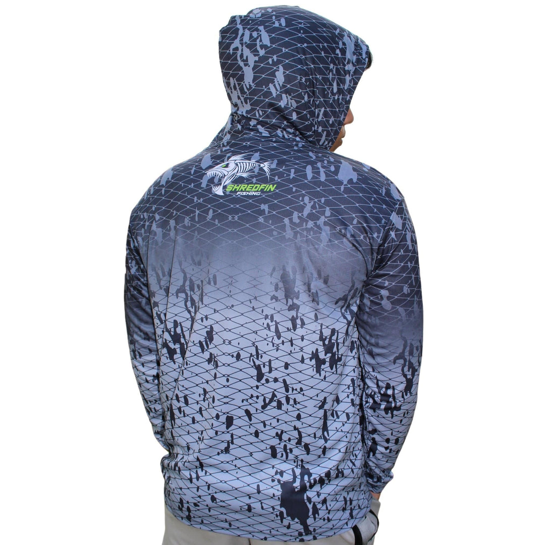 ShredFin Splash Camo Hooded Performance Shirt in Tungsten Gray Fade, lightweight athletic shirt with splash camo pattern and hood detail.