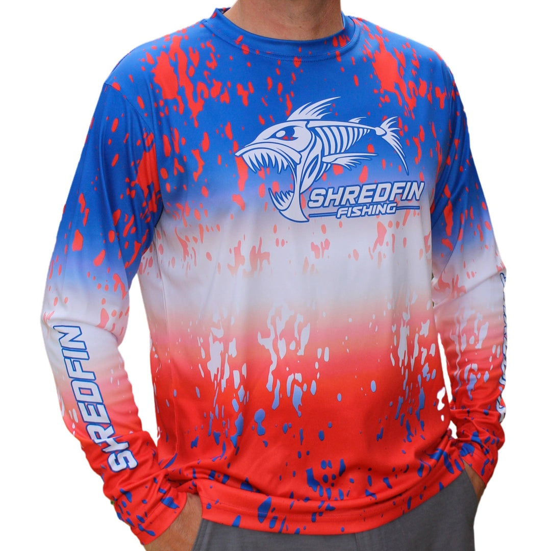 ShredFin Splash Camo Performance Shirt in Freedom Fade with camouflage pattern and athletic fit, designed for active wear.