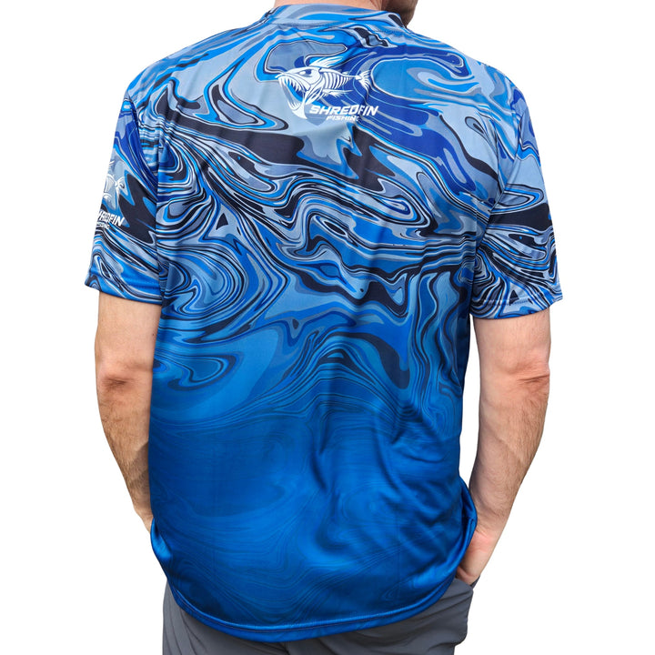 ShredFin StormSuge short sleeve performance shirt in blue harbor swirl with athletic fit and moisture-wicking fabric.
