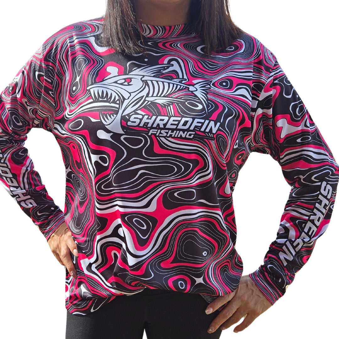 ShredFin Contourz Performance Shirt in pink river, unisex athletic shirt with sleek design and comfortable fit.