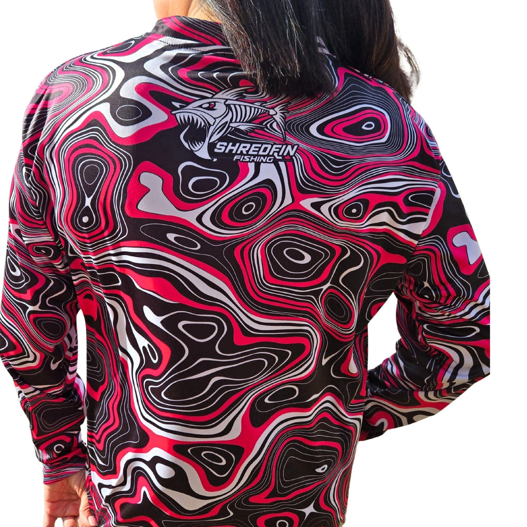 Pink ShredFin Contourz performance shirt for men and women, featuring a sleek design and comfortable fit.