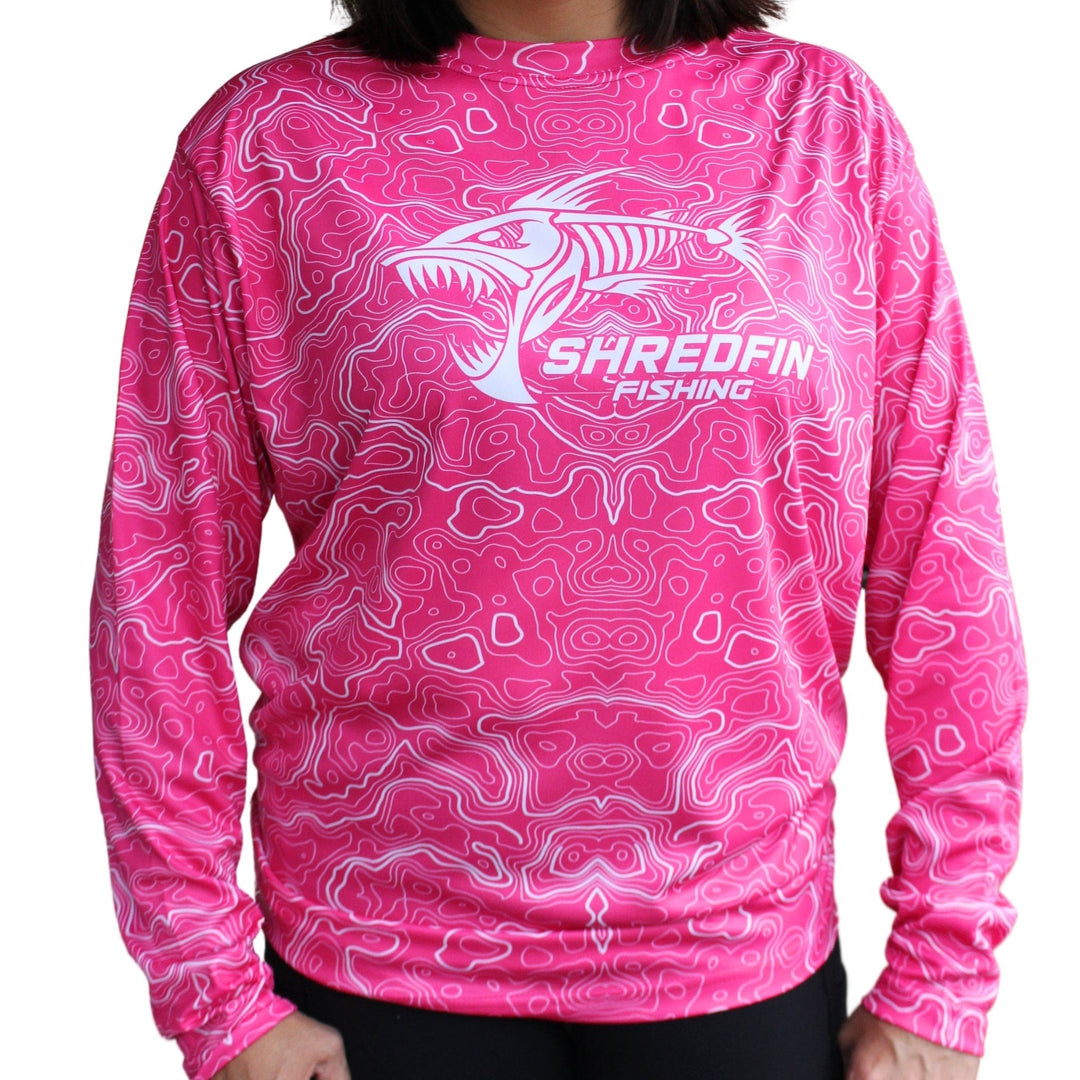 Pink ShredFin Contourz Performance unisex shirt displayed flat, showing its sleek design and comfortable fit.