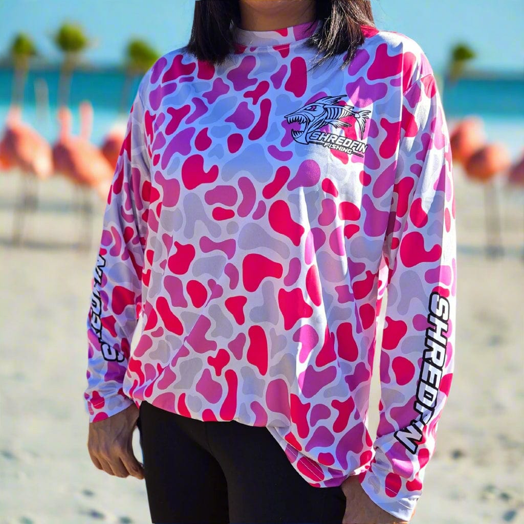 ShredFin Retro Camo Performance Shirt in Flamingo Bay, unisex, featuring a vibrant camo design and athletic fit.