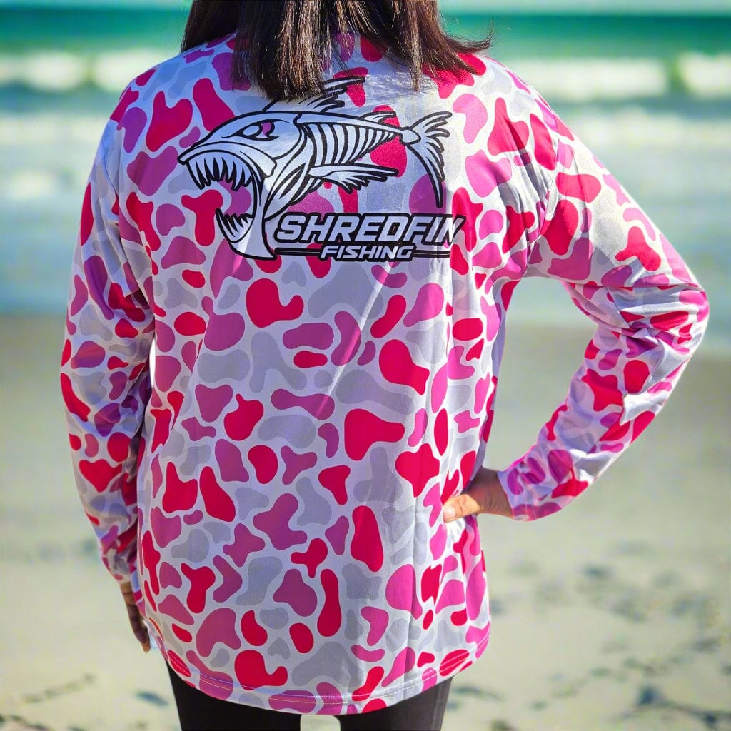 ShredFin Retro Camo Performance Shirt in flamingo pink, unisex fit, featuring a bold camo pattern and athletic design.