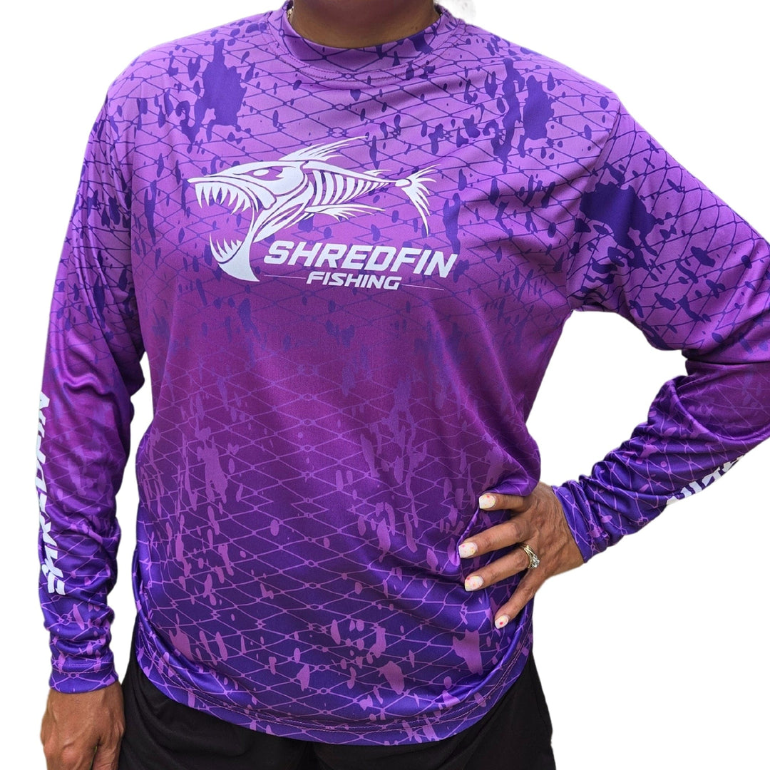 ShredFin Splash Camo Performance Shirt in purple fade, unisex fit, made of lightweight fabric with camo design.