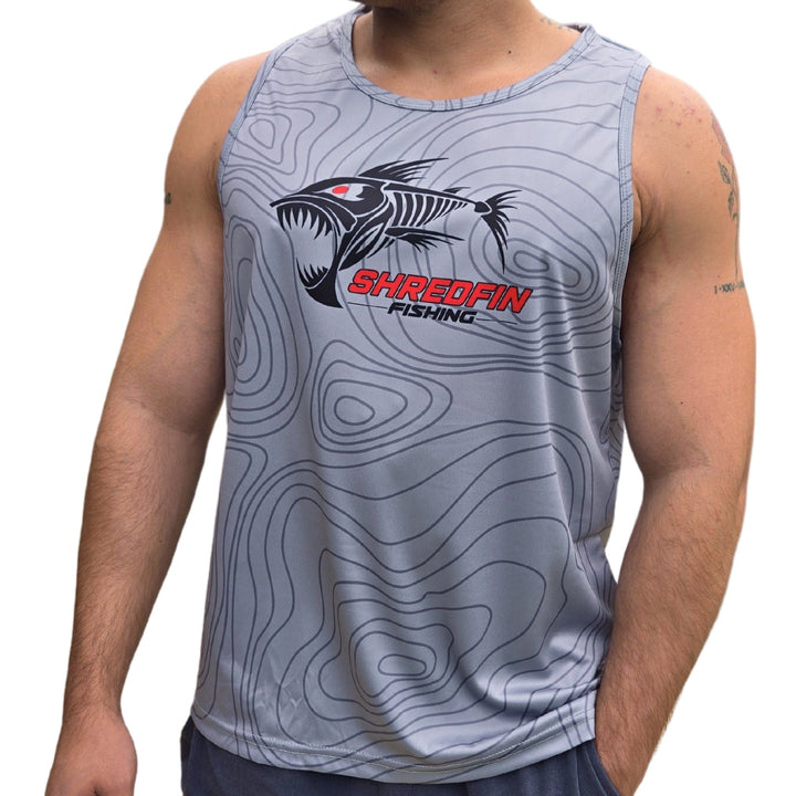 ShredFin Contourz Performance Tank Top in Tungsten Gray, men's athletic shirt with a fitted design and moisture-wicking fabric.
