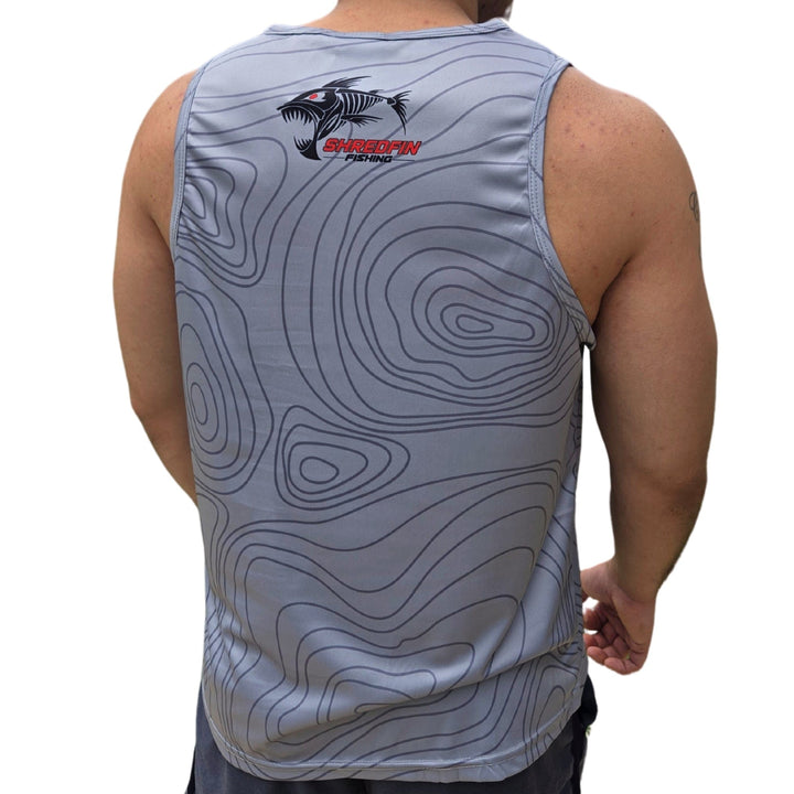 ShredFin Contourz performance tank top in tungsten gray, moisture-wicking athletic shirt for active wear.