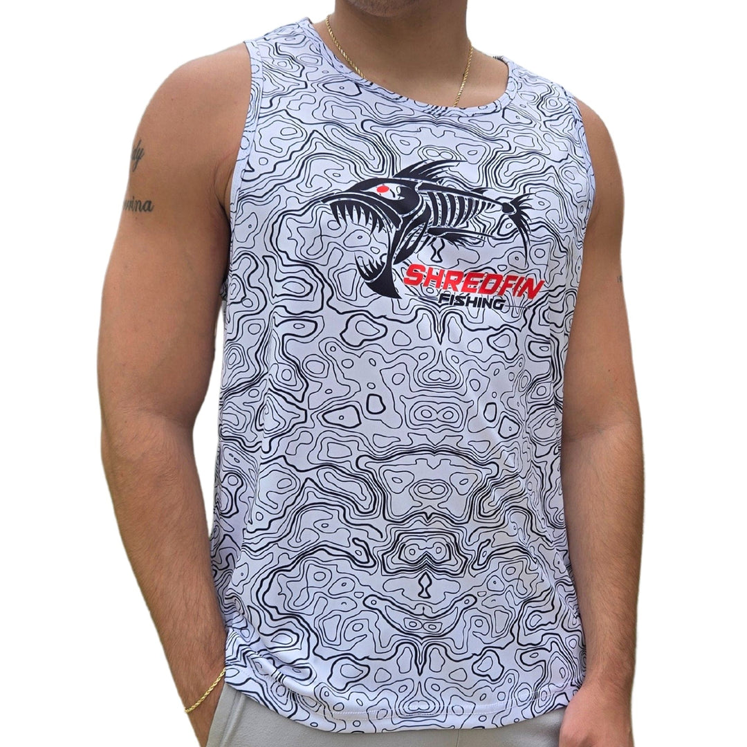 ShredFin Contourz Performance Tank Top in white and black, lightweight athletic shirt with sleeveless design and moisture-wicking fabric.