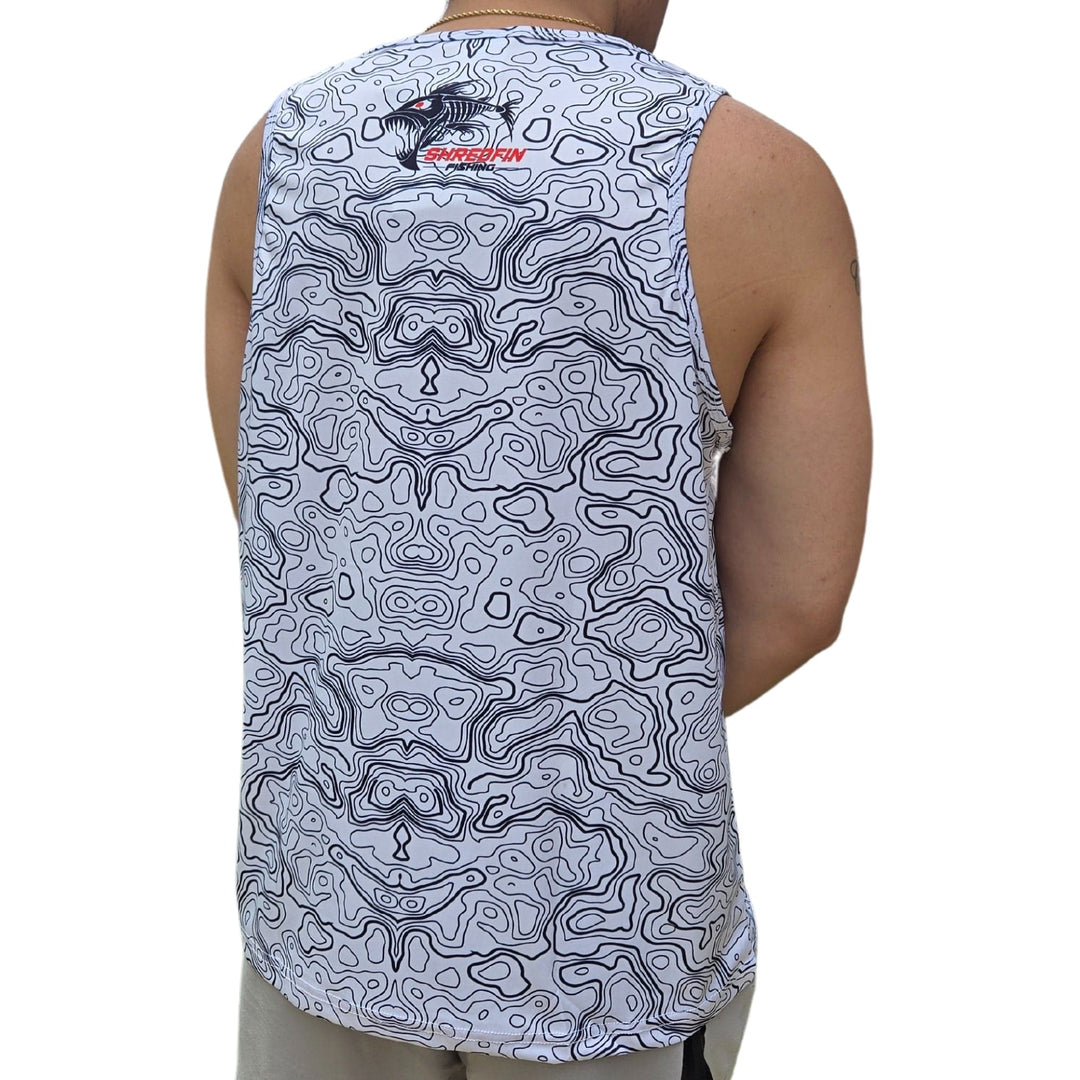 ShredFin Contourz Performance Tank Top in white and black, sleeveless athletic shirt for active wear and workouts.
