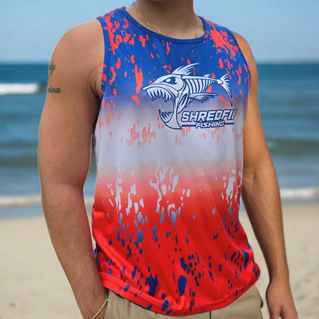 ShredFin Splash Performance Tank Top in Freedom Fade, a lightweight athletic shirt with vibrant color fade design.