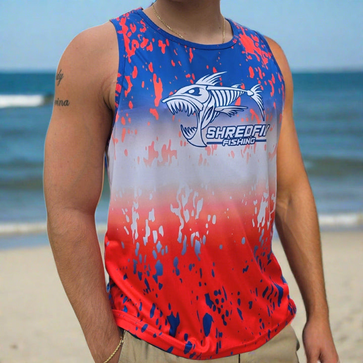 ShredFin Splash Performance Tank Top in Freedom Fade, a lightweight athletic shirt with vibrant color fade design.
