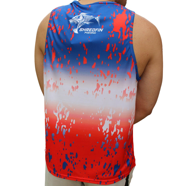 ShredFin Splash Performance Tank Top in Freedom Fade with athletic fit, lightweight fabric, and vibrant water-inspired design.