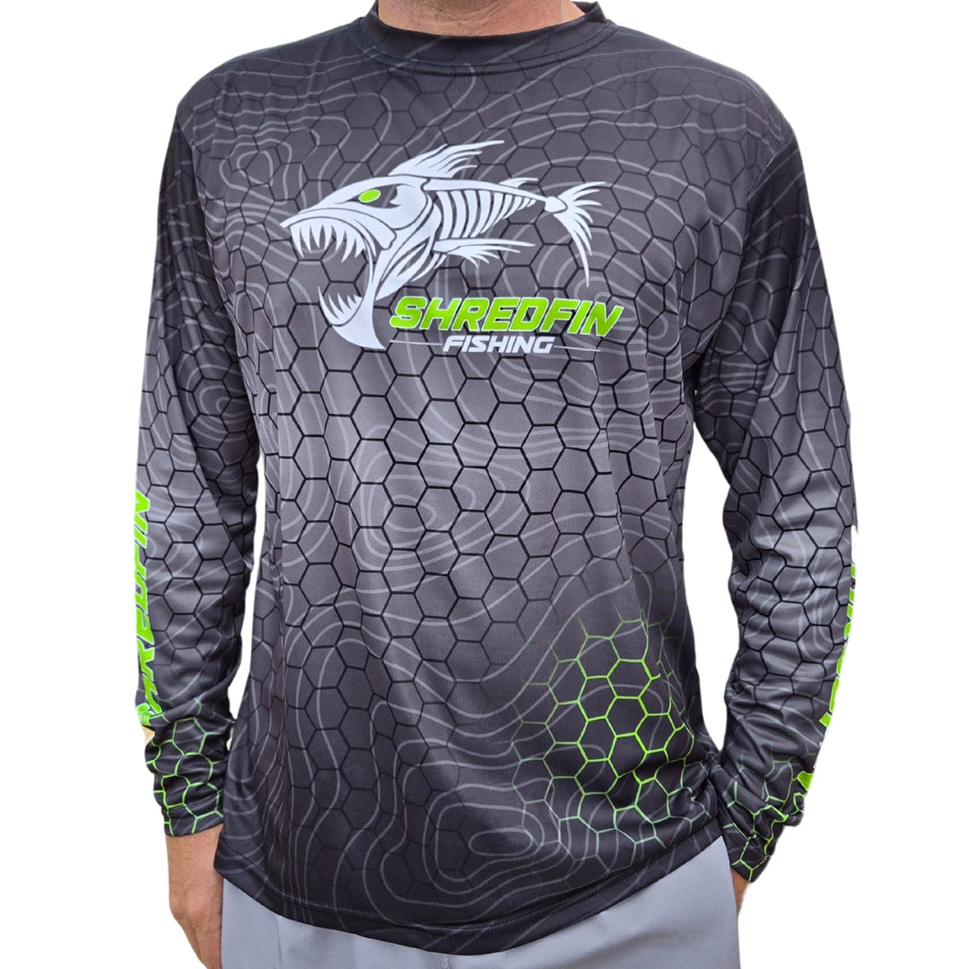 ShredFin Contourz HexCast performance shirt in tungsten fade and neon green, lightweight athletic top with sleek design.