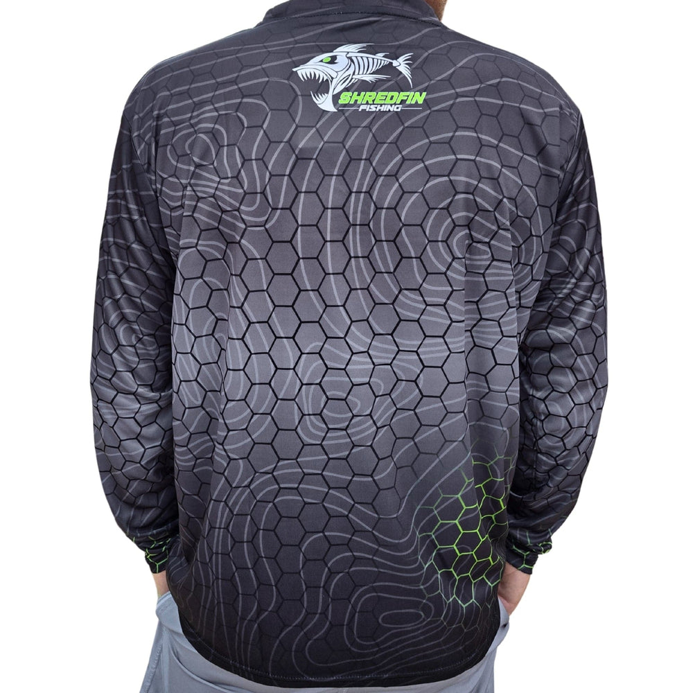 ShredFin Contourz HexCast performance shirt in tungsten fade and neon green, lightweight athletic shirt with geometric design.