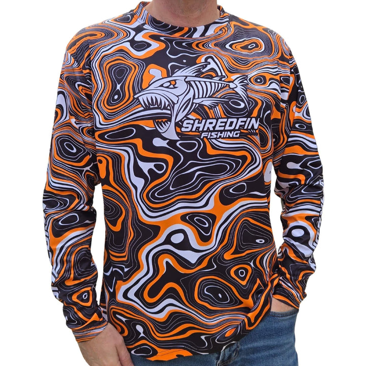 ShredFin Contourz Performance Shirt in orange river color, lightweight athletic shirt for active wear, shown on a flat surface