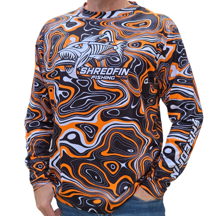 ShredFin Contourz Performance Shirt in orange River, a lightweight athletic top with a fitted design and moisture-wicking fabric.