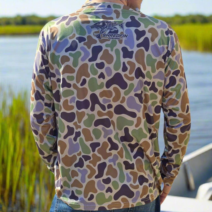 ShredFin Retro Camo Performance Shirt in Bayou Marsh color, lightweight athletic top with retro camo pattern.