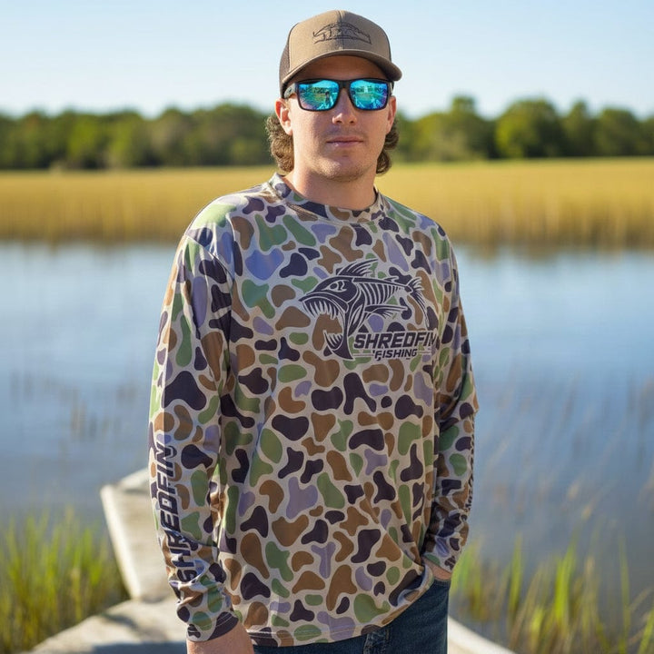 ShredFin Retro Camo Performance Shirt in marsh camouflage, lightweight and breathable men's shirt for outdoor activities.
