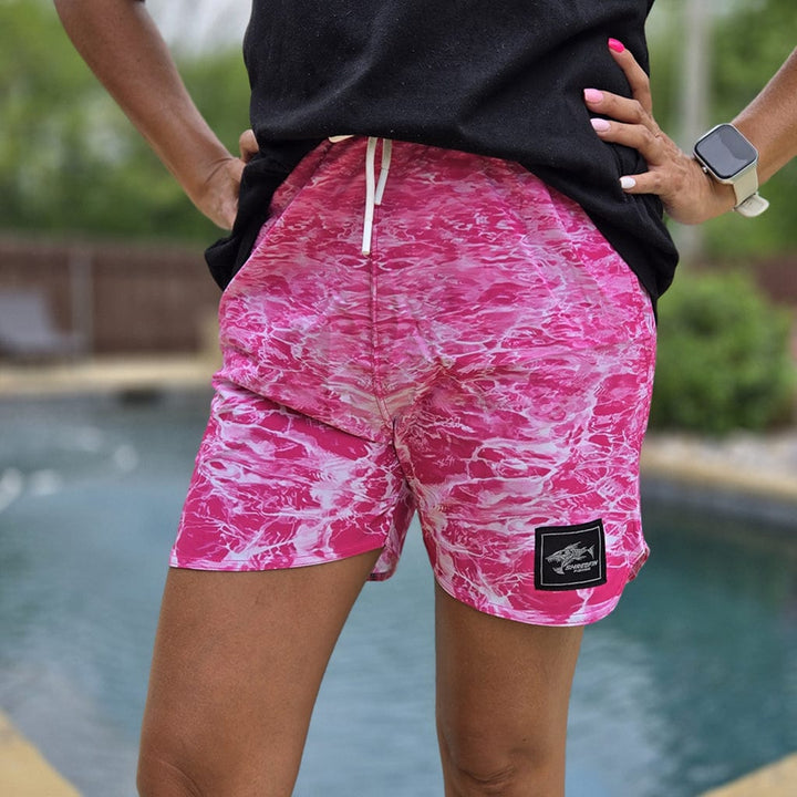 ShredFin Ladies RipTide Shorts in pink, front view showing stylish design and fit, perfect for casual or active wear.