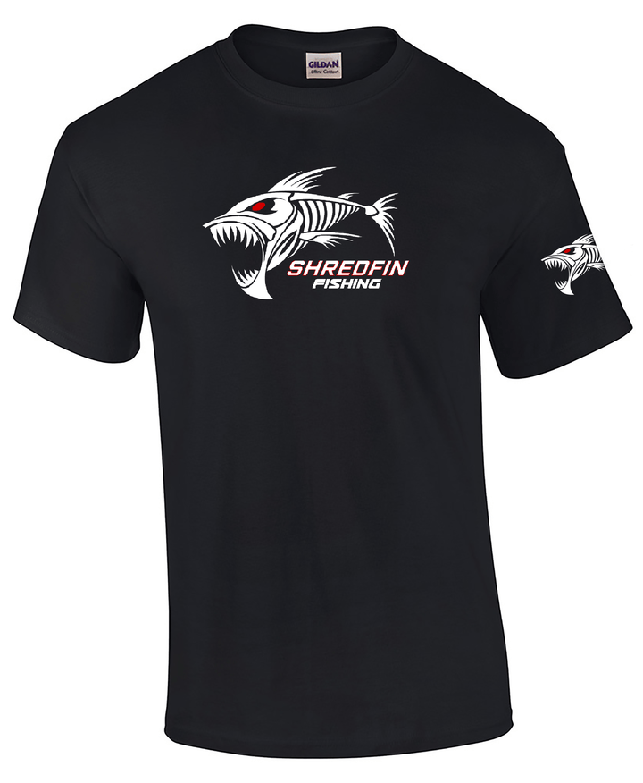 Black ShredFin Classic Short Sleeve T-Shirt displayed on a model, showcasing its fit and simple design.