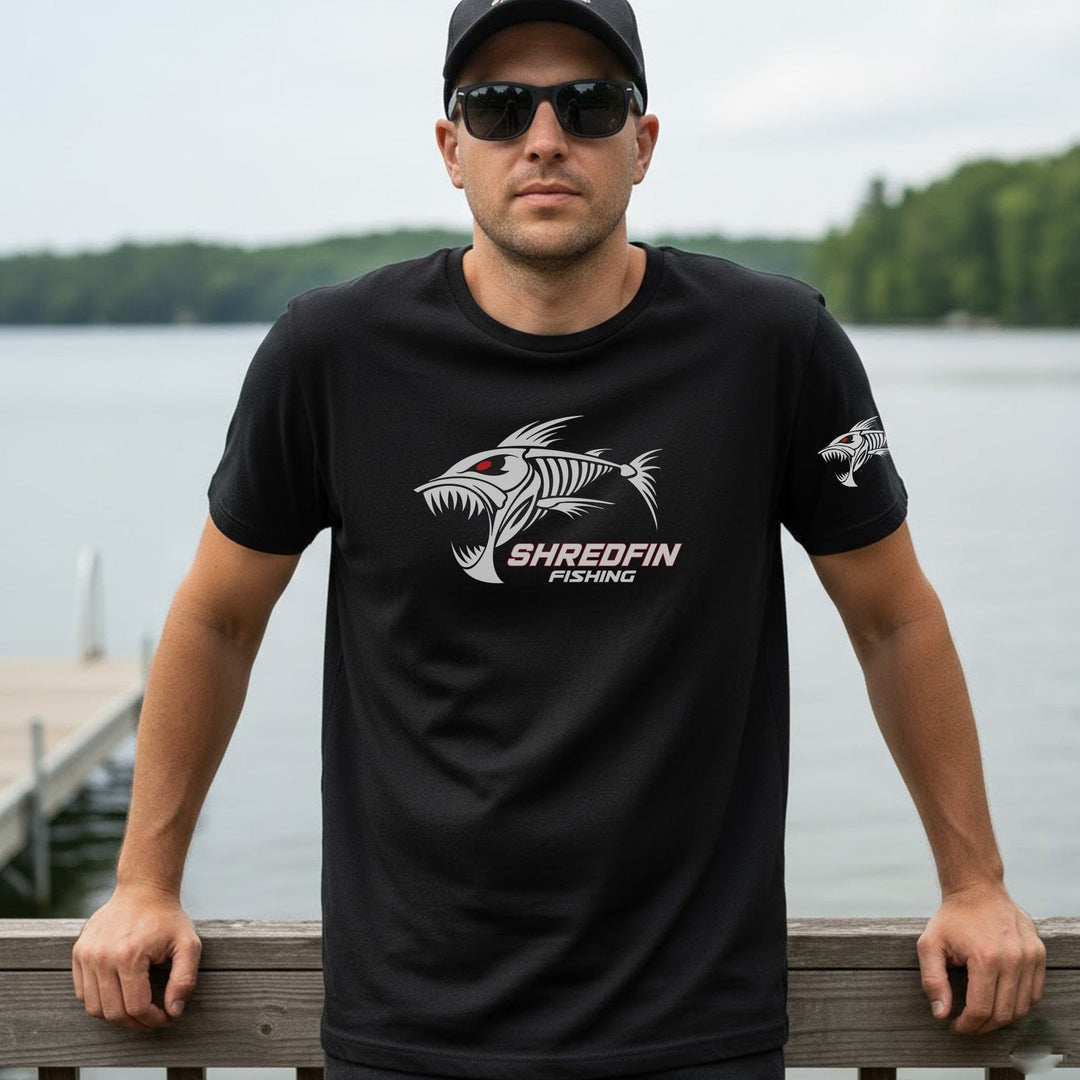 Black ShredFin Classic short sleeve T-shirt with crew neck, displayed on a plain background, casual and comfortable fit.