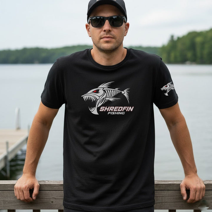 Black ShredFin Classic short sleeve T-shirt with crew neck, displayed on a plain background, casual and comfortable fit.