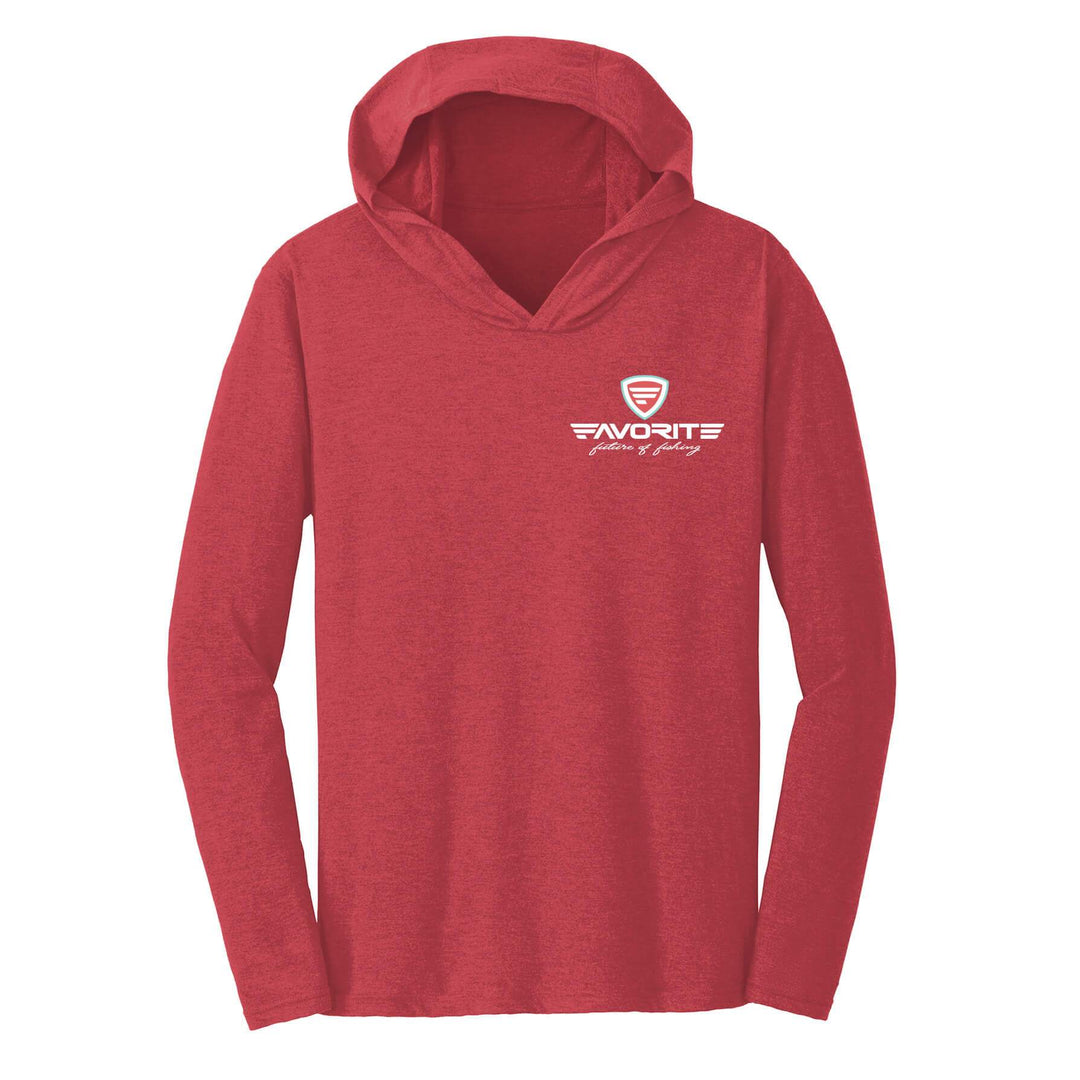 Favorite Fishing Shay Bird lightweight tri-blend hoodie in red, featuring a front design and casual, comfortable apparel style.