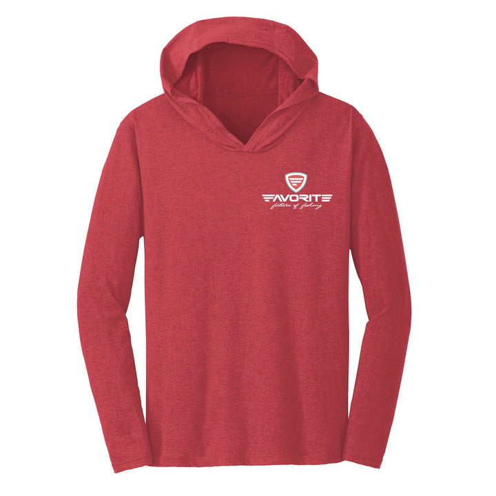 Favorite Fishing Shay Bird lightweight tri-blend hoodie in red, featuring a front design and casual, comfortable apparel style.