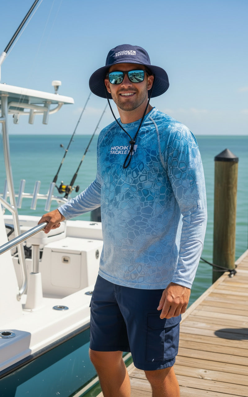 Men's Marlin Hex long-sleeve UV fishing shirt by Hook & Tackle, shown with solid bucket hat for sun protection.