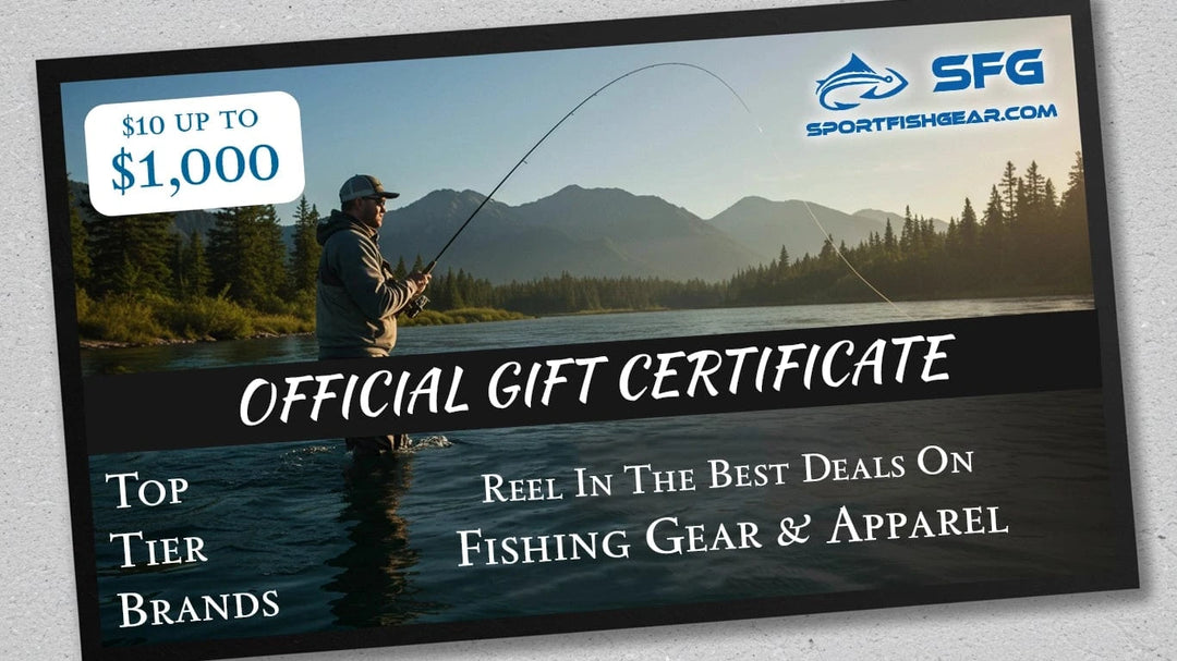 Gift certificate for SportFishGear featuring a sleek design, ideal for fishing enthusiasts to redeem for fishing gear and accessories.