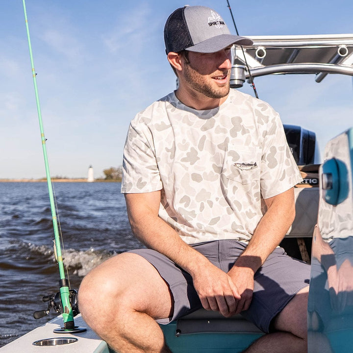 Sportsman Gear Pursuit bamboo pocket performance T-shirt in small and large sizes, featuring a comfortable bamboo fabric and casual design.