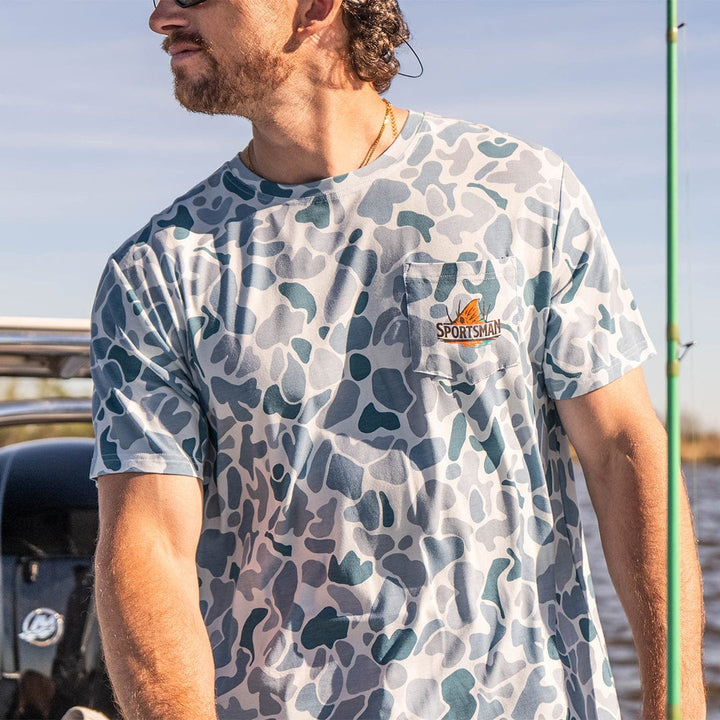 Sportsman Gear Pursuit bamboo pocket performance T-shirt in small and large sizes, made from breathable bamboo fabric.