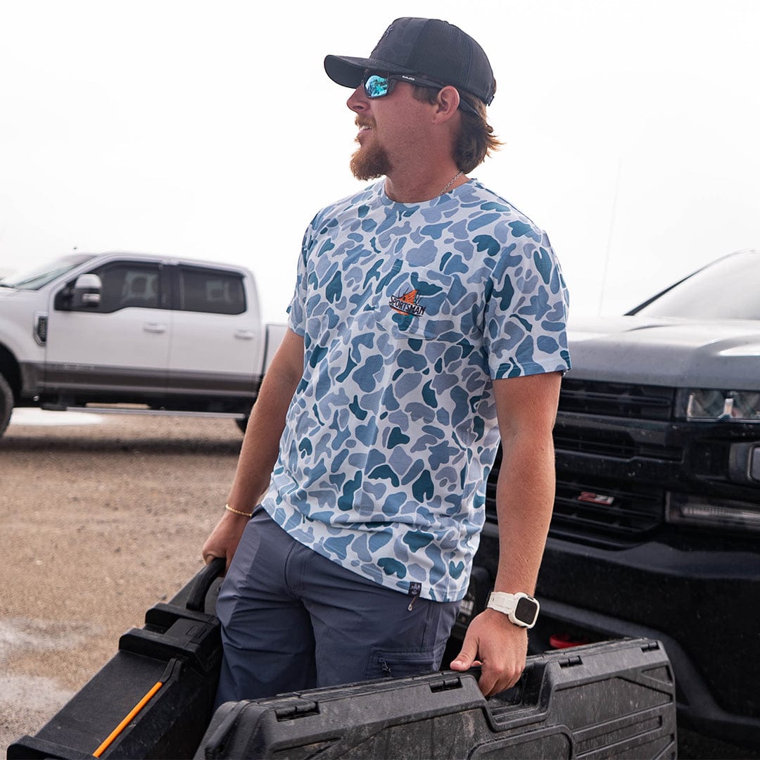 Sportsman Gear Pursuit bamboo pocket performance T-shirt in small and large sizes, showcasing breathable bamboo fabric and casual fit.